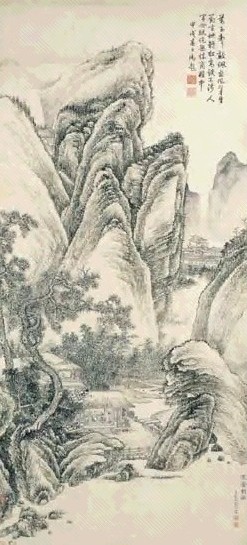 钱维城 寒斋对话 立轴 水墨纸本