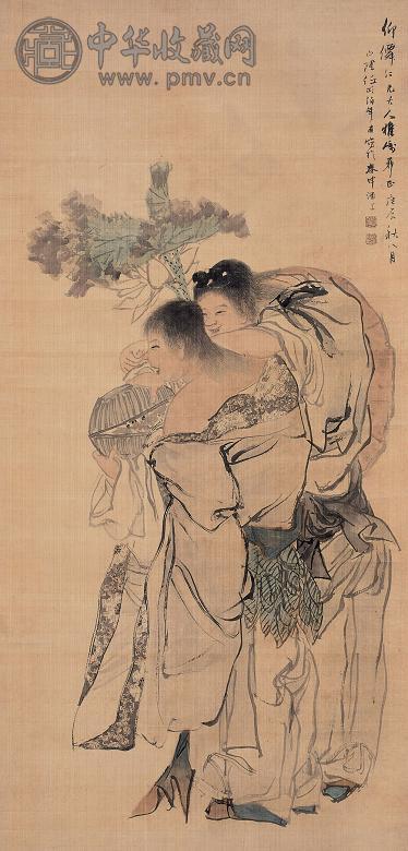 任伯年 庚辰(1880年)秋八月作 人物画和合二仙 立轴 绢本