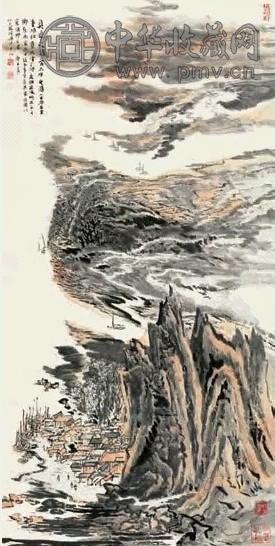 陆俨少 1990年作 鱼米之乡 立轴 设色纸本