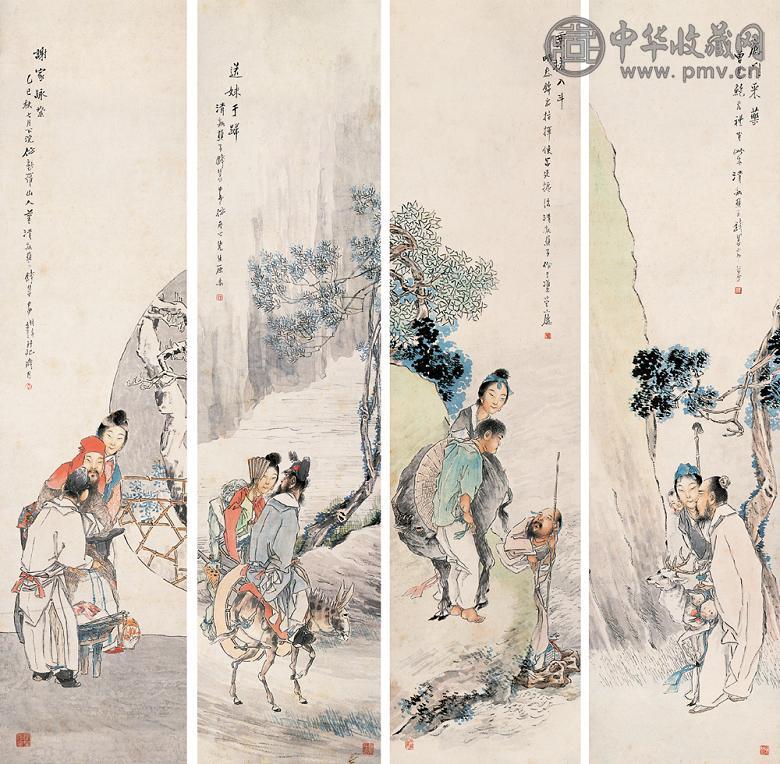 钱慧安 乙巳(1905年)作 人物画历代人物故事 四屏 纸本