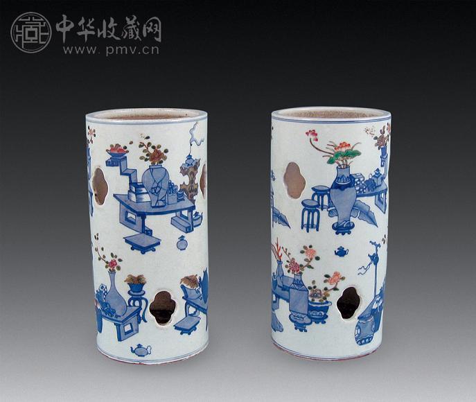 清 青花加彩清供纹帽筒(1对)