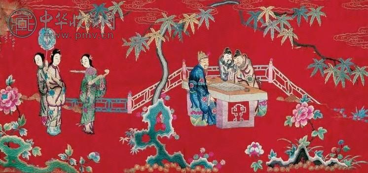 清 观棋图绣片