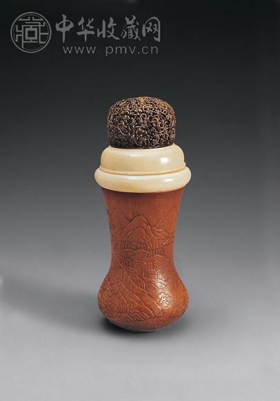 清 玳瑁雕松鼠葡萄盖刻山水纹秋虫葫芦