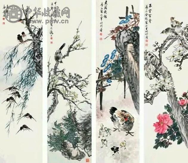 金梦石 甲子(1924年)作 花鸟 四屏 设色纸本