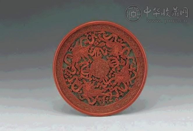 清中期 雕漆狮纹花卉盘