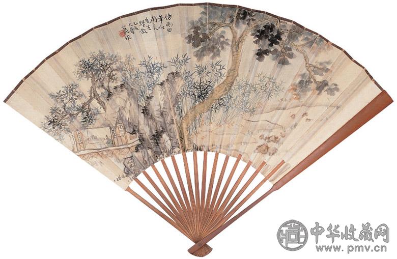 陆一飞 陆树棠 1935年作 读书图 行楷 成扇 设色纸本