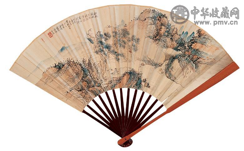 汪溶 1924年作 高士抚琴 成扇 设色纸本