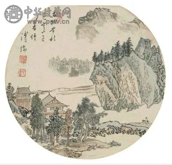 溥儒 溪山暮烟 镜心 设色绢本