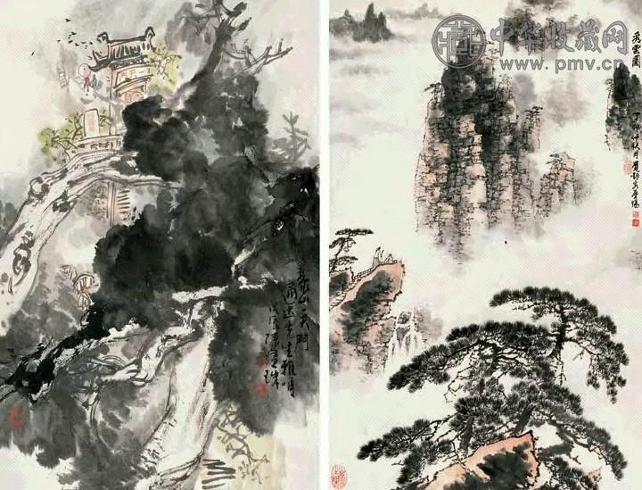 张宝珠 周觉钧 山水(2帧) 立轴 设色纸本