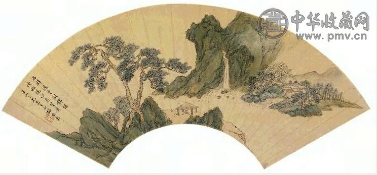 清 张研樵 茅亭观瀑 扇面