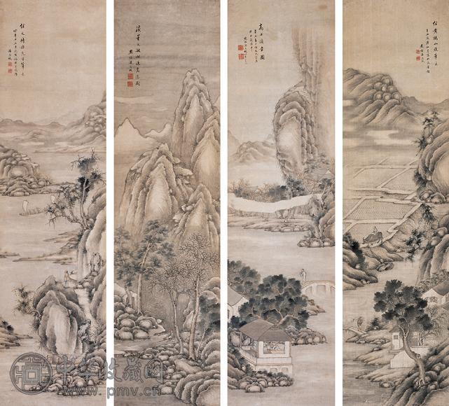 潘思牧 咸丰十一年(1861)年作 山水 四屏 设色纸本