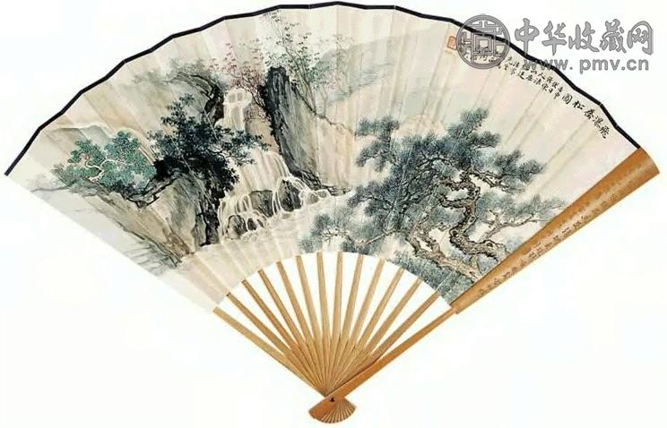 马骀 1932年作 飞瀑乔松图 成扇 设色纸本