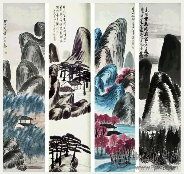 齐白石 山水四屏设色纸本