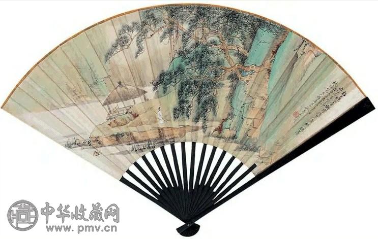 吴秋农 1888年 烟霏掩翠、行书 成扇 纸本设色