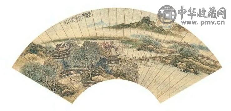 朱鼎 1873年作 汉宫春晓图 扇面 设色金笺