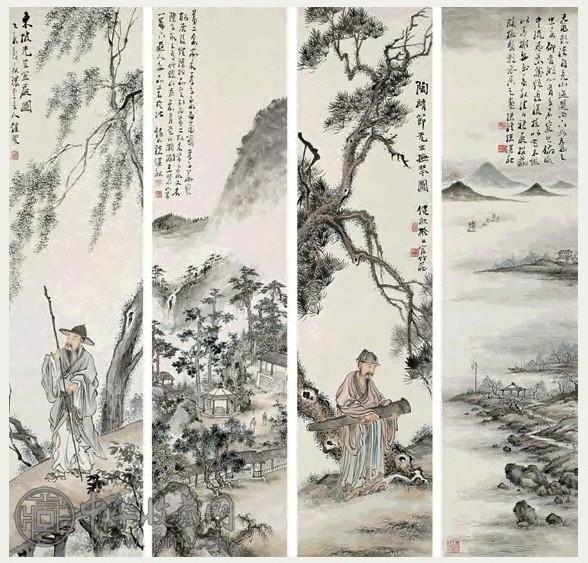 诸健秋 山水人物 四屏 设色纸本