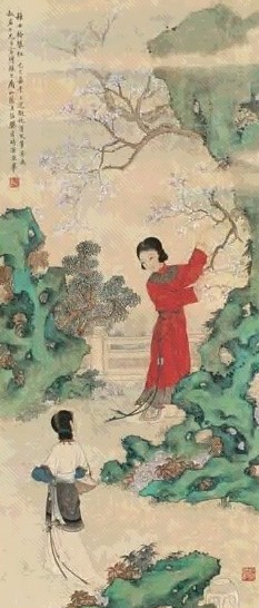 樊虚 己巳(1929年)作 稚女拾卉 立轴 设色绢本