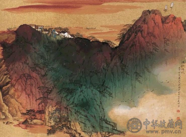 宋文治 壬申(1992年)作 渔歌唱晚 镜心 设色金笺