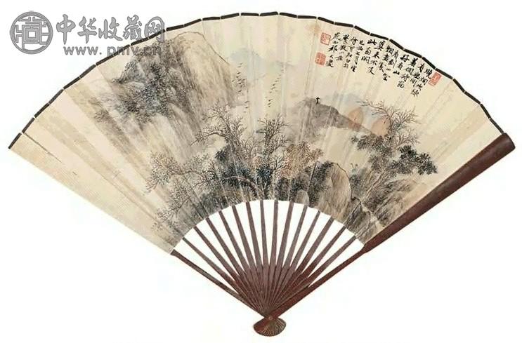 祁大夔 己丑(1949年)作 云山观鹭图 成扇 设色笺本