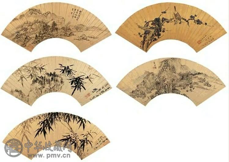 姜泓 绘画集珍(5件) 扇面 泥金纸本