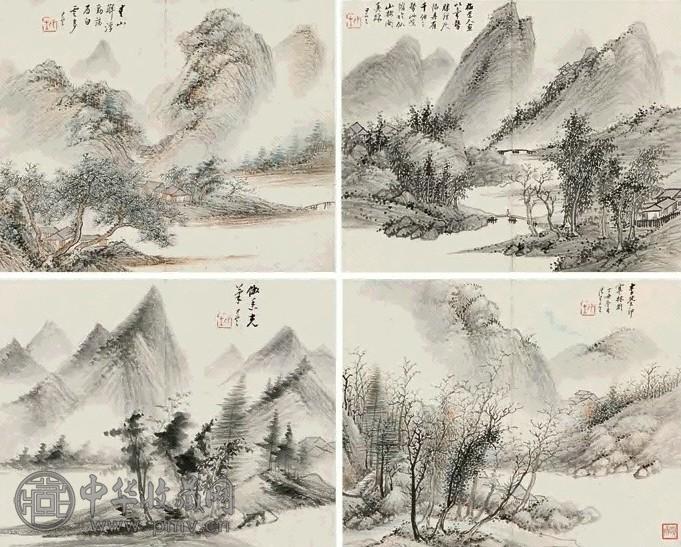 朱昂之 丁丑(1817)年作 山水书法册 册页(11开选4) 设色纸本