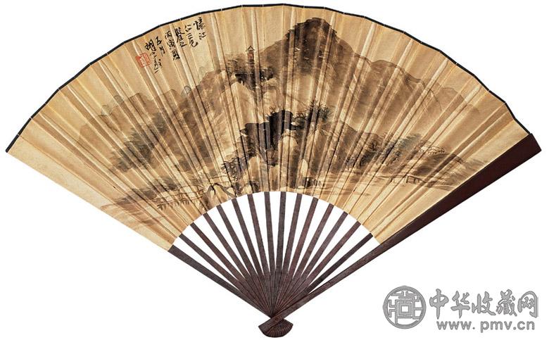 胡公寿 冯桂芬 1866年作 山水 行书 成扇 泥金笺本