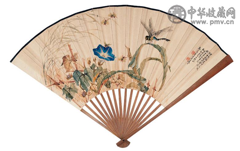 郑集宾 王福厂 1938年作 花卉草虫图 隶书 成扇 设色纸本