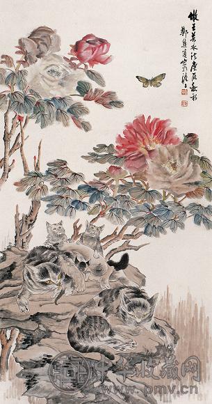 郑集宾 猫蝶图 立轴 设色纸本