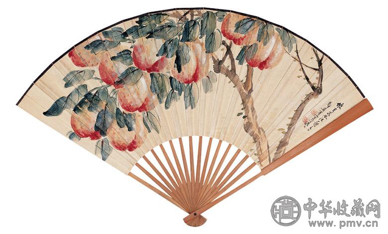 郑集宾 永荃 1945年作 九寿图 楷书 成扇 设色纸本