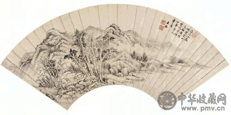 王撰 1689年作 山居图 扇面 水墨笺本