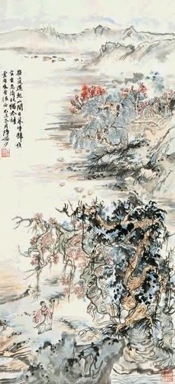 陆俨少 1955年作 倚杖闲吟图 镜心 设色纸本