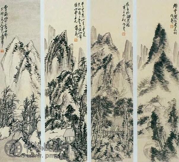 蒲华 山水四景 四屏 纸本水墨