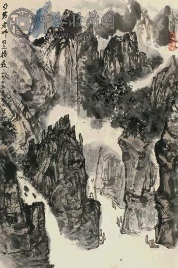 亚明 1975年作 峡江帆影图 立轴 设色纸本