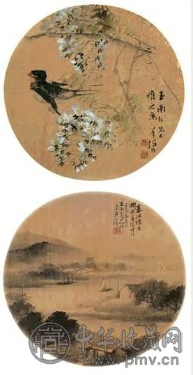 任伯年 吴石僊 山水 花鸟团扇(2幅) 镜心 设色绢本