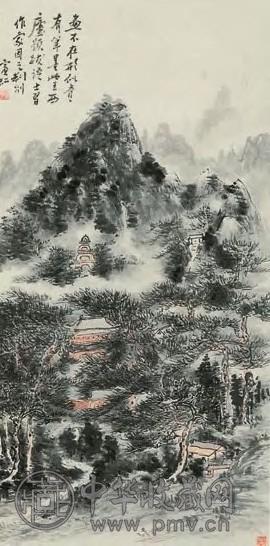 黄宾虹 山林古刹 立轴 设色纸本