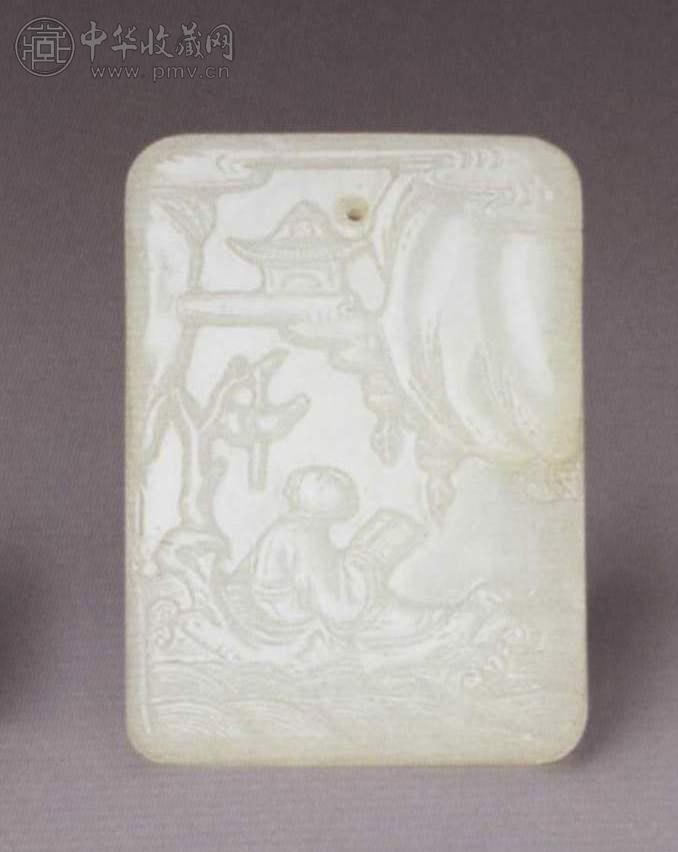 清中期 白玉雕张謇乘槎图牌
