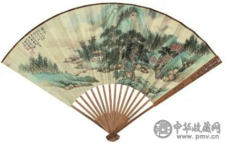 张石园 陈运彰 戊子(1948年)作 山水 书法 成扇 设色纸本