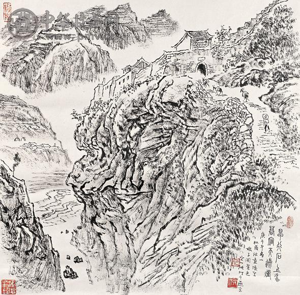 张仃 1990年作 早行暮宿图 镜心 水墨纸本