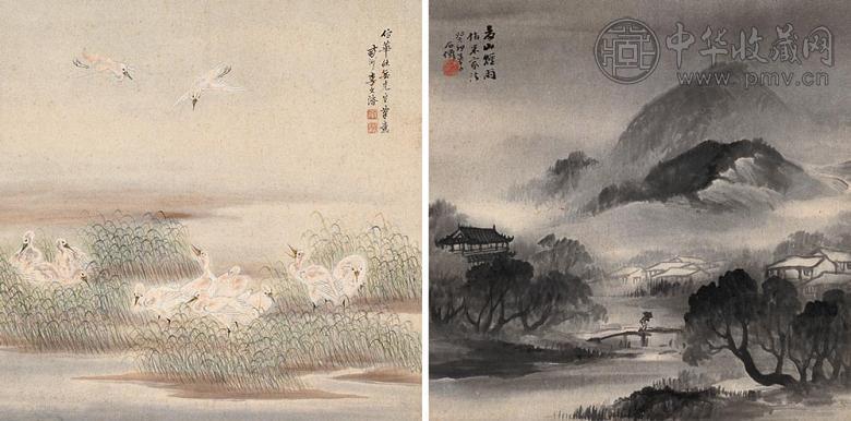 李文湝 吴石僊 癸卯(1903年)作 山水双挖 立轴 设色纸本