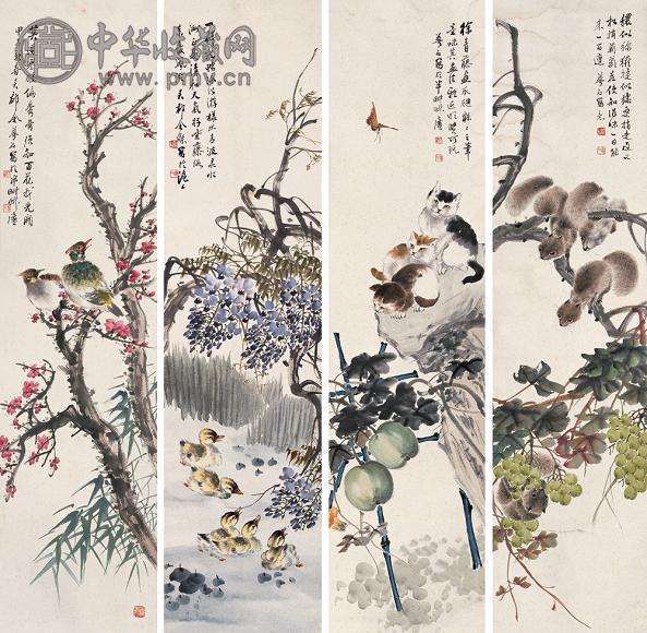 金梦石 甲子(1924年)作 花鸟动物 屏轴(4幅) 设色纸本