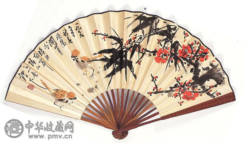 关山月 1979年作 竹雀 成扇 设色纸本