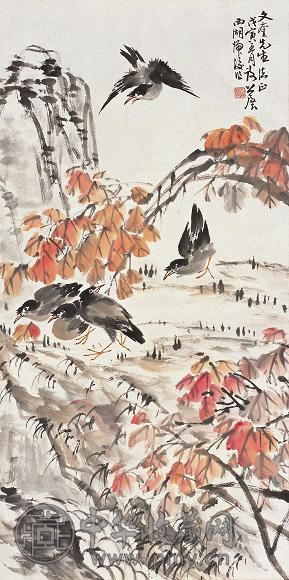 谢公展 戊寅(1938年)作 花鸟 立轴 设色纸本