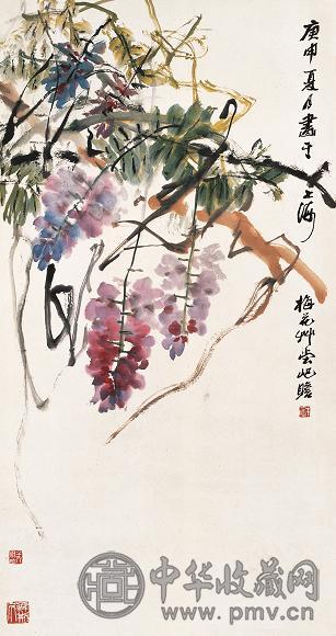 朱屺瞻 1980年作 紫藤花开 立轴 设色纸本