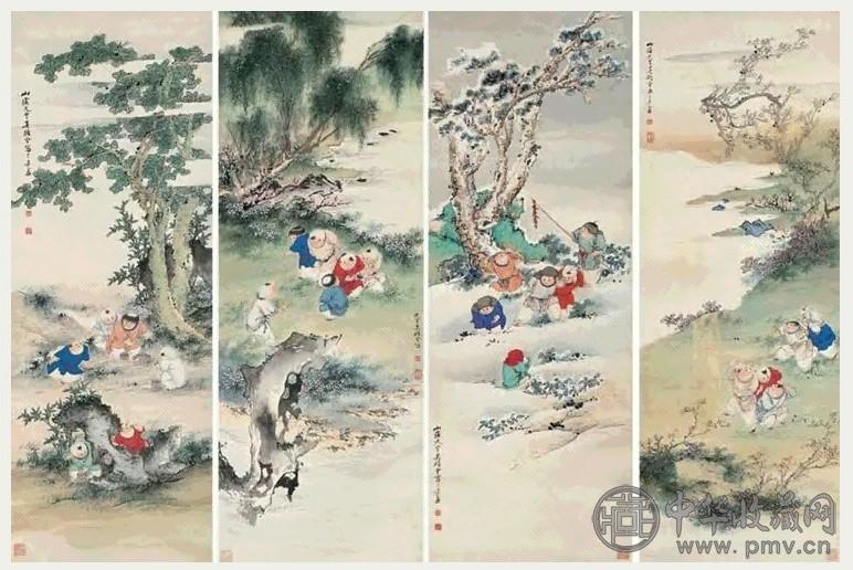 吴熙载 婴戏图 四屏 设色绢本