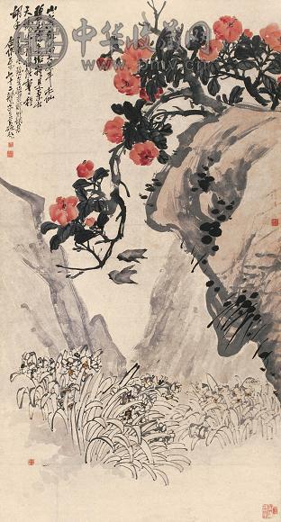 程璋 胡郯卿 乙卯(1915年)作 山茶水仙 立轴 设色纸本