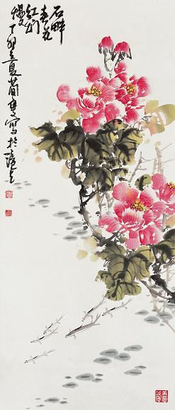 曹简楼 丁卯(1978年)作 花卉 立轴 设色纸本