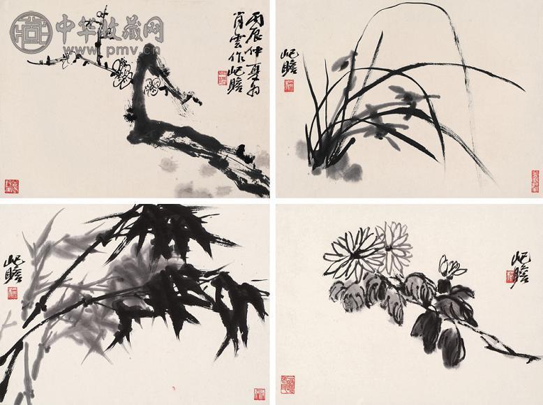 朱屺瞻 丙辰(1976年)作 梅 兰 竹 菊(4帧) 镜心 水墨纸本