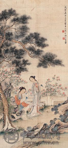 叶曼叔 戊寅(1938年)作 松阴读书图 轴 设色绢本