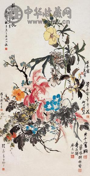 倪田 金梦石 等 乙卯(1915年)作 花卉 立轴 设色纸本