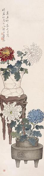 童晏 1901年作 菊花清供 立轴 设色纸本